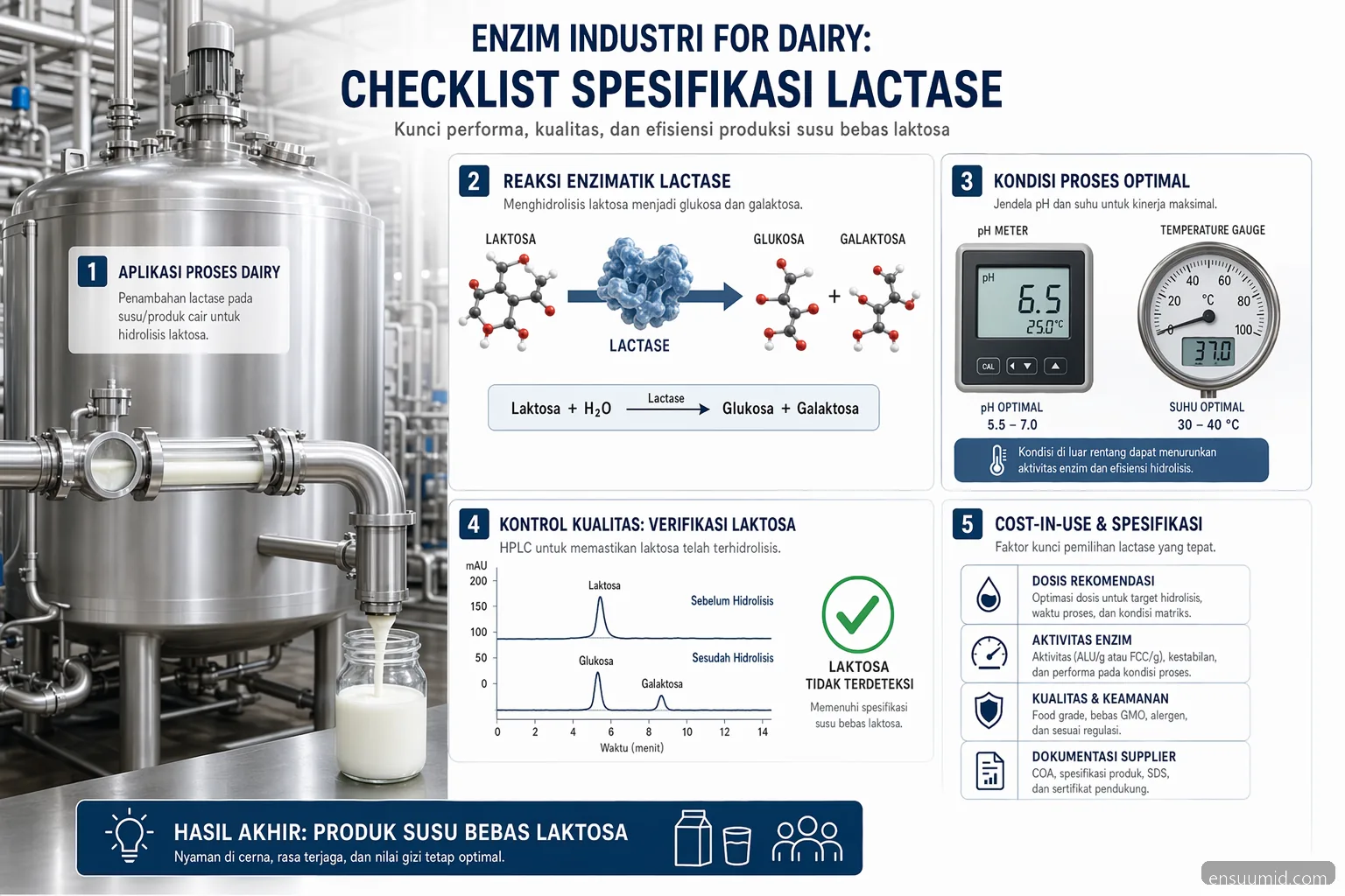 enzim industri for dairy checklist lactase: pH, suhu, dosis, QC, dan biaya pemakaian dalam satu infografik