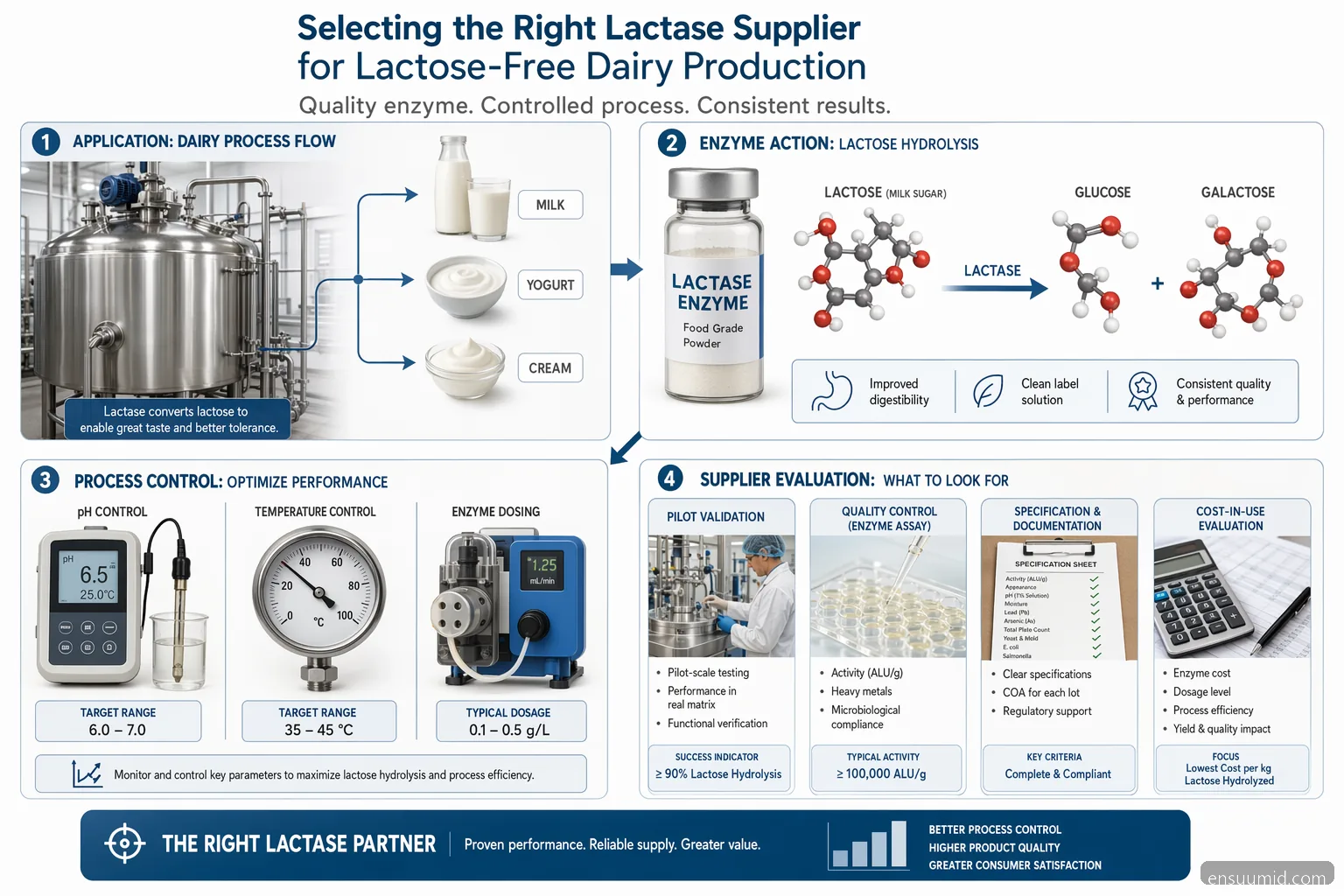 enzim laktase supplier for dairy lactose-free guide with enzyme selection, process controls, QC, and cost-in-use