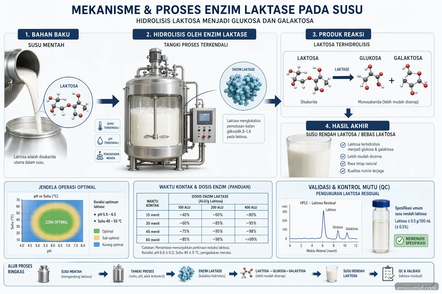 lactase enzyme milk process diagram showing lactose hydrolysis, pH-temperature window, and QC validation flow